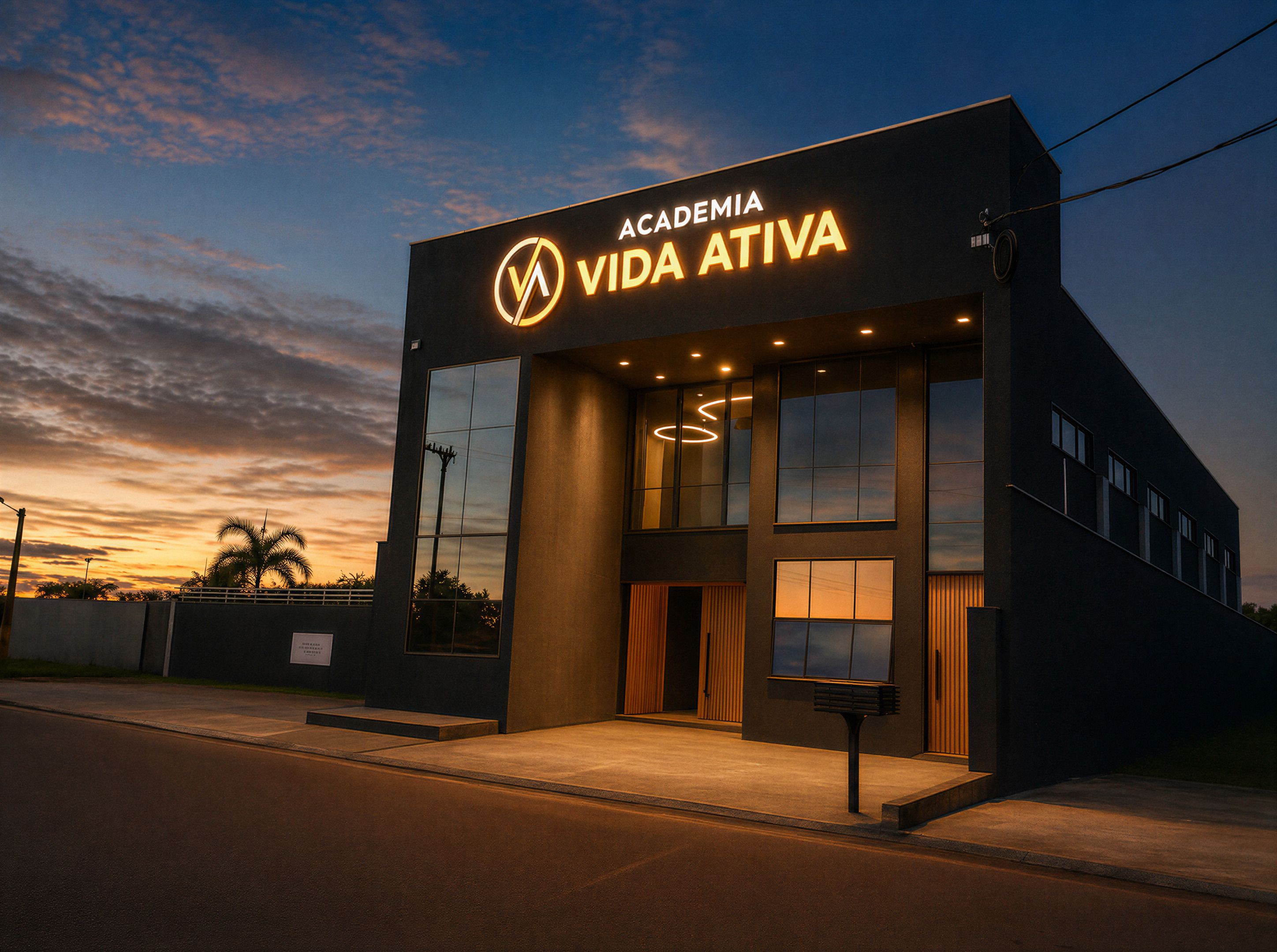 Fachada iluminada da Academia Vida Ativa